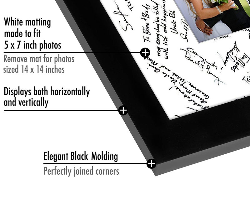 Americanflat 14x14 Wedding Signature Frame with Shatter-Resistant Glass - Use as 5x7 Frame with Mat or Display 14x14 Photos Without Mat - Signature Collection - Autograph Frames for Wall - Black - Image 3